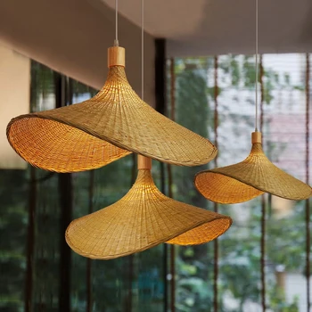 Потолочный подвесной светильник в форме соломенной шляпы ZK50, креативная бамбуковая декоративная люстра ручной работы, потолочный светильник из ротанга E27